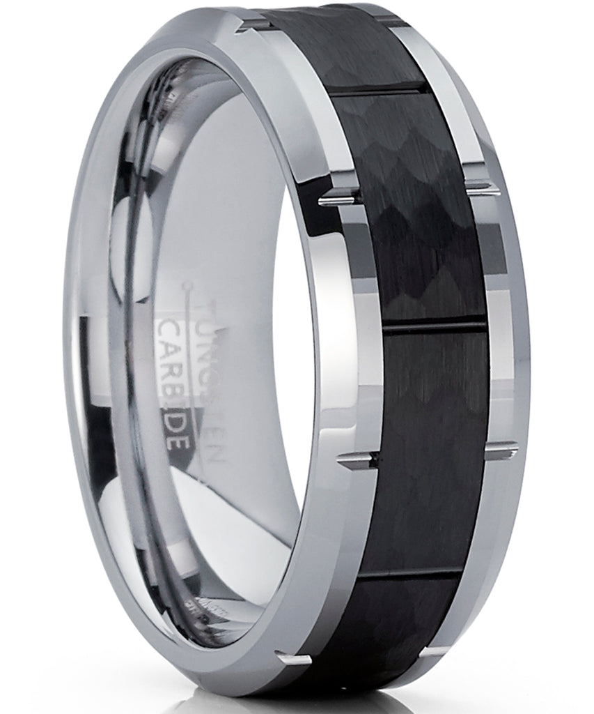 Men's Black Hammered Grooved Tungsten Carbide Wedding Band Ring, 8mm Comfort Fit