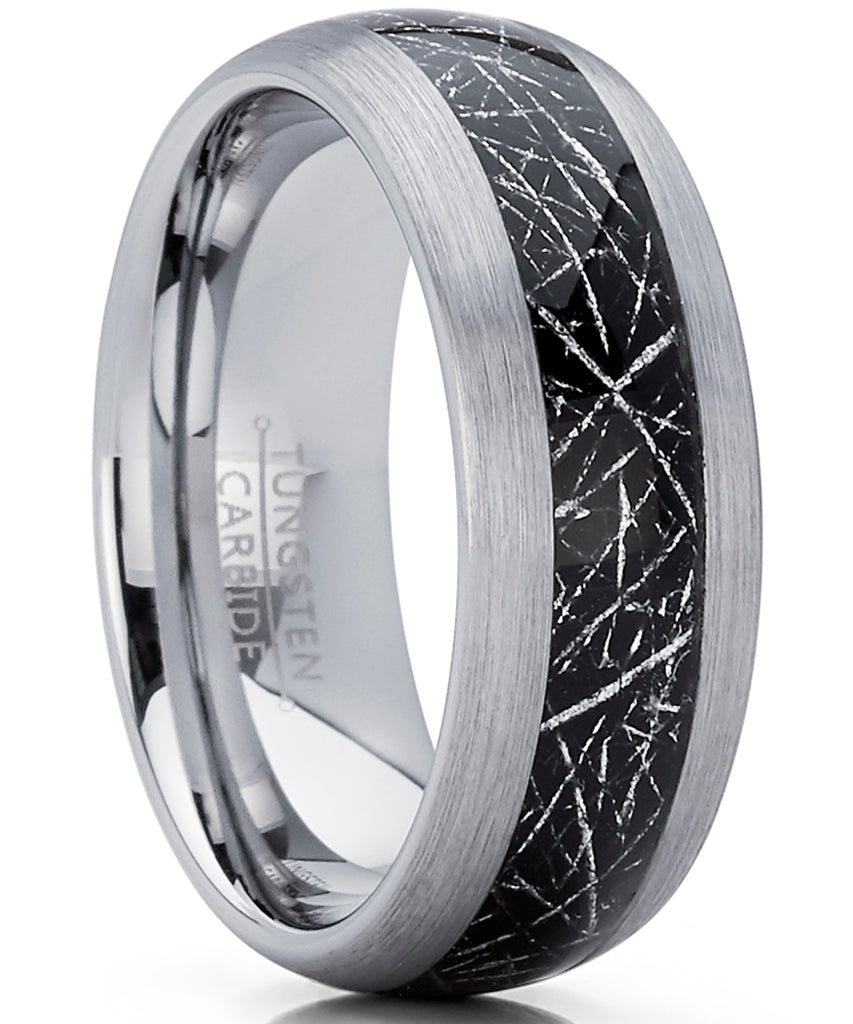 Men's Tungsten Carbide Wedding Band Ring with Imitated Meteorite Inlay, Dome Comfort Fit 8mm