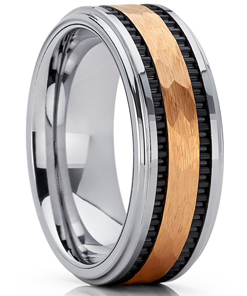Men's Hammered Gold Tone Tungsten Carbide Wedding Band Ring, 8mm Comfort Fit