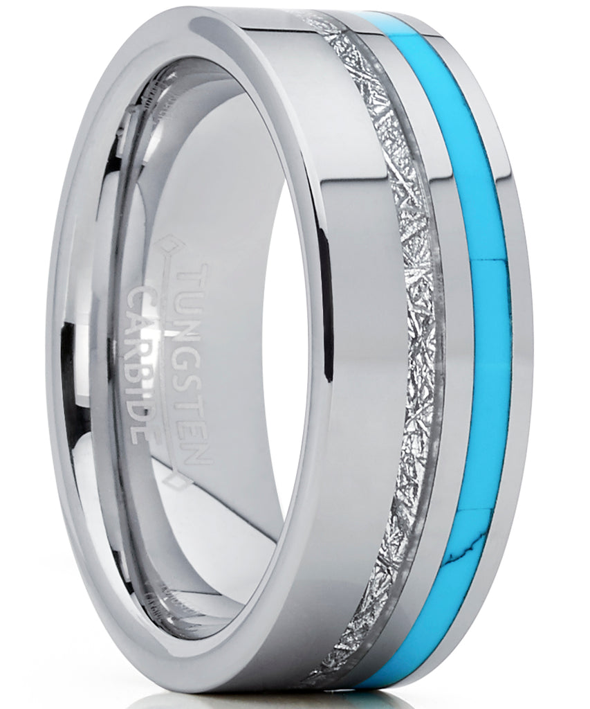 Men's Tungsten Carbide Wedding Band with Turquoise and Imitated Meteorite Inlay Comfort Fit 8mm