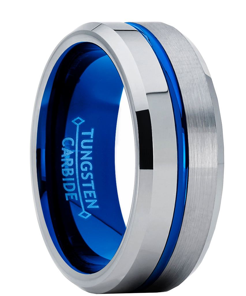 Men's Half anf Half Blue Tungsten Carbide Wedding Band Engagement Ring, Comfort Fit 8mm