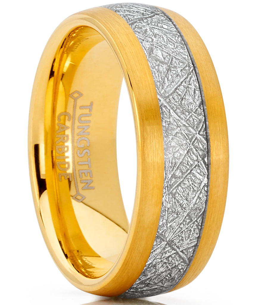 Men's Tungsten Carbide Gold Tone Wedding Band Ring, Imitated Meteorite Inlay Comfort Fit