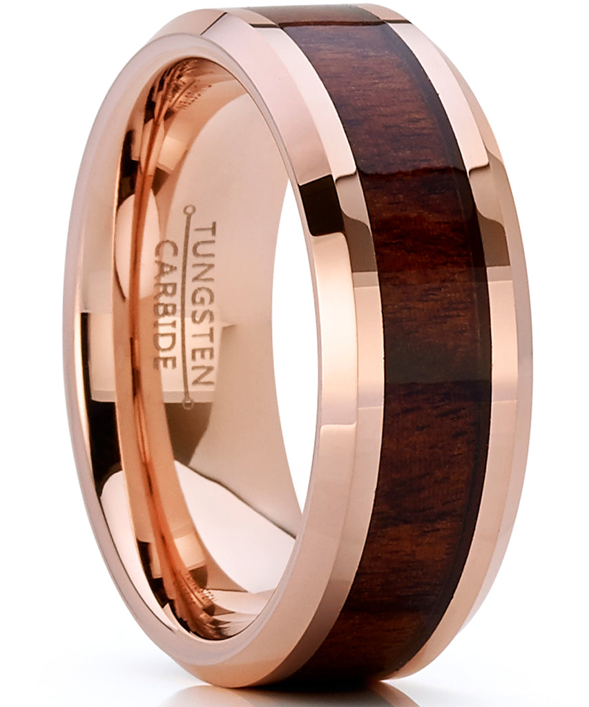 Men's Rose Tone Tungsten Carbide Wedding Band Engagement Ring, Real Wood Inlay, Comfort Fit 8mm