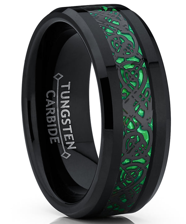 Men's Black Tungsten Carbide Dragon Ring Wedding Band Green Carbon Fiber Comfort Fit 8mm