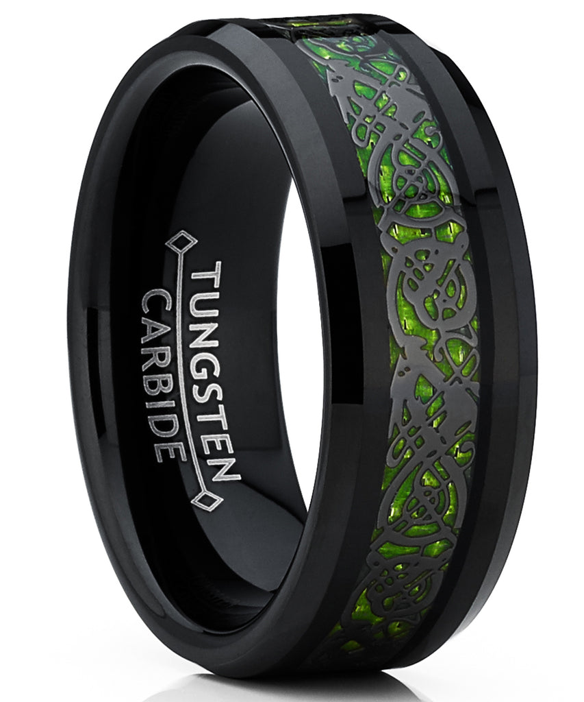 Men's Black Tungsten Carbide Dragon Ring Wedding Band Green Carbon Fiber Comfort Fit 8mm