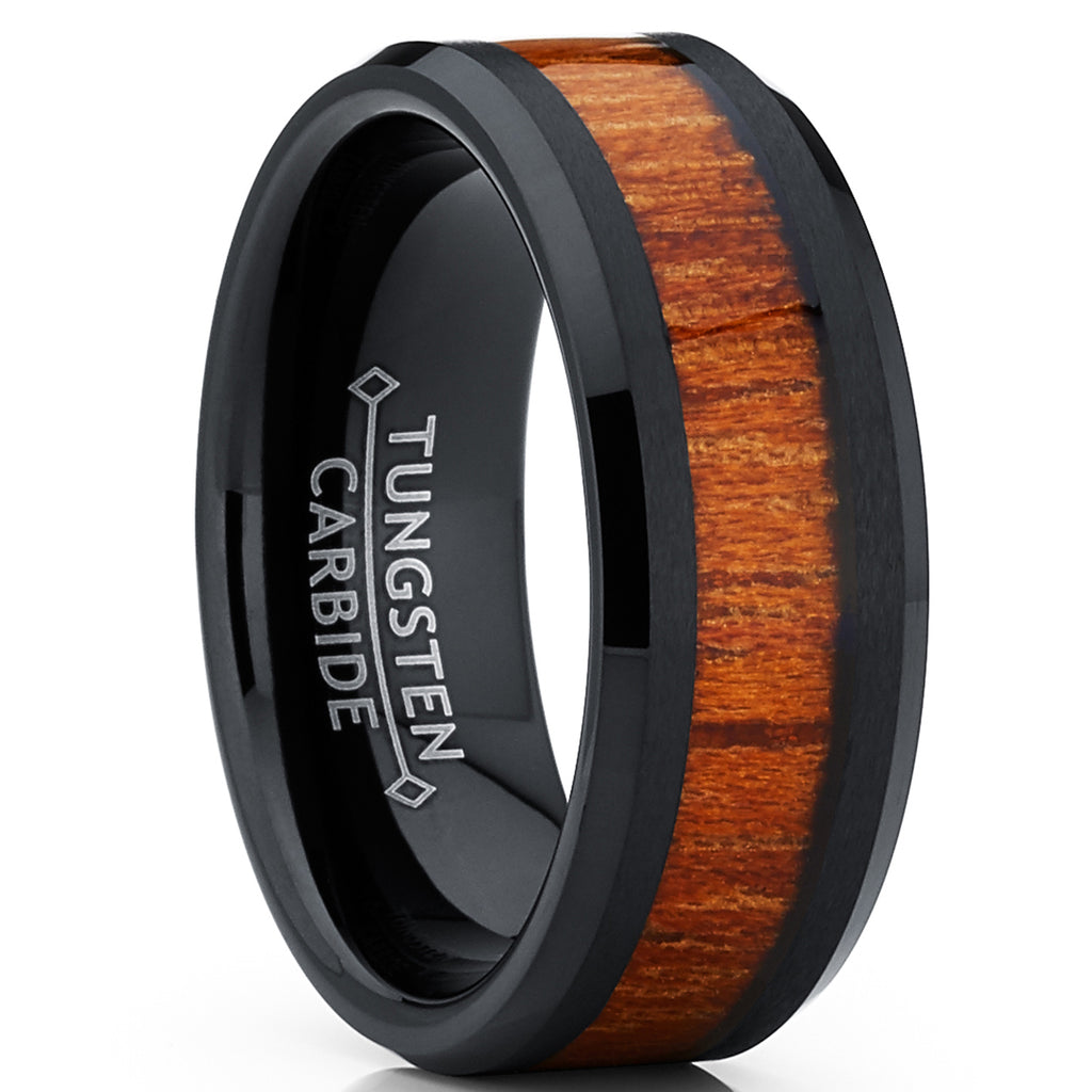8mm Tungsten Carbide Ring With Wood Inlay – Dome Edge – Men's Wedding Band (Size Q, M63 Style)