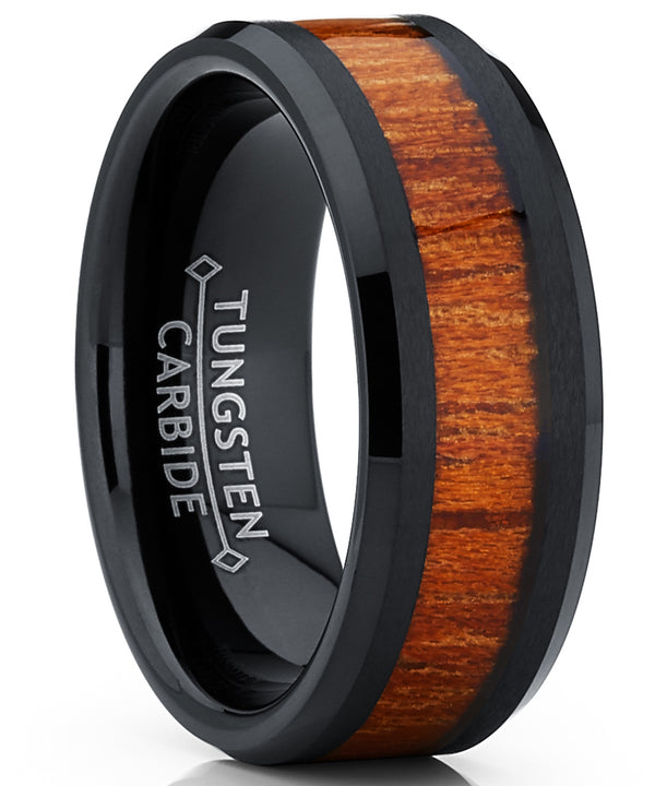 Men's Black Tungsten Carbide Wedding Band Ring, Real Wood Inlay Comfort Fit 8mm