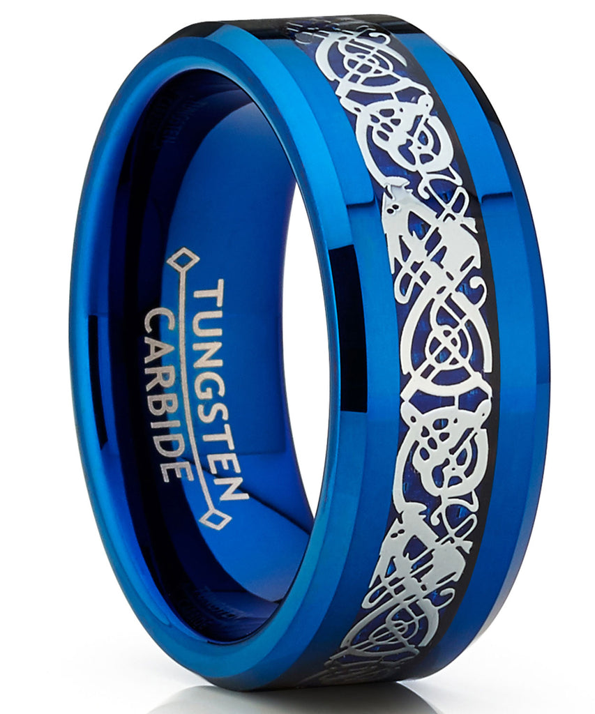 Men's Blue Tungsten Carbide Dragon Ring Wedding Band Blue Carbon Fiber Comfort Fit