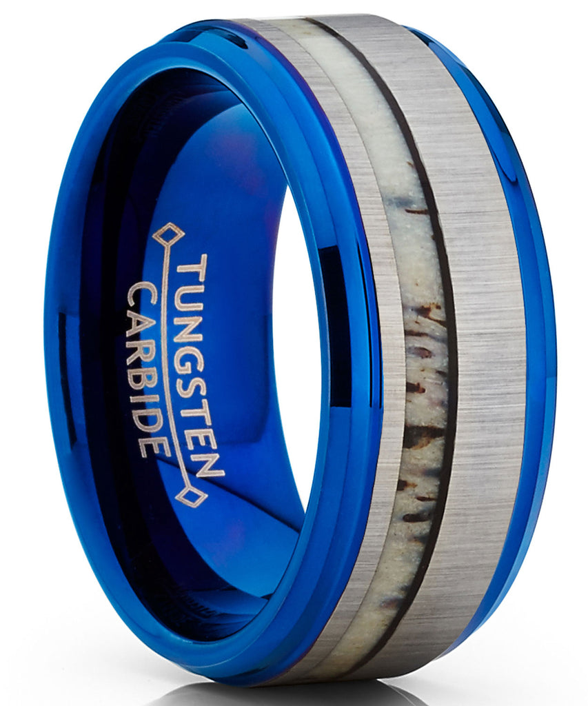 Men's Tungsten Carbide Blue Wedding Band Ring Real Deer Antler Inlay Comfort Fit 9mm