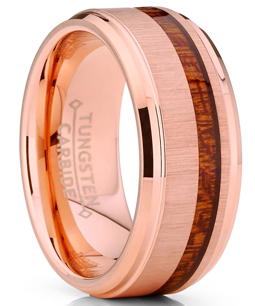 Men's Tungsten Carbide Rose Tone Plated Wedding Band Ring Real Koa Wood Comfort Fit