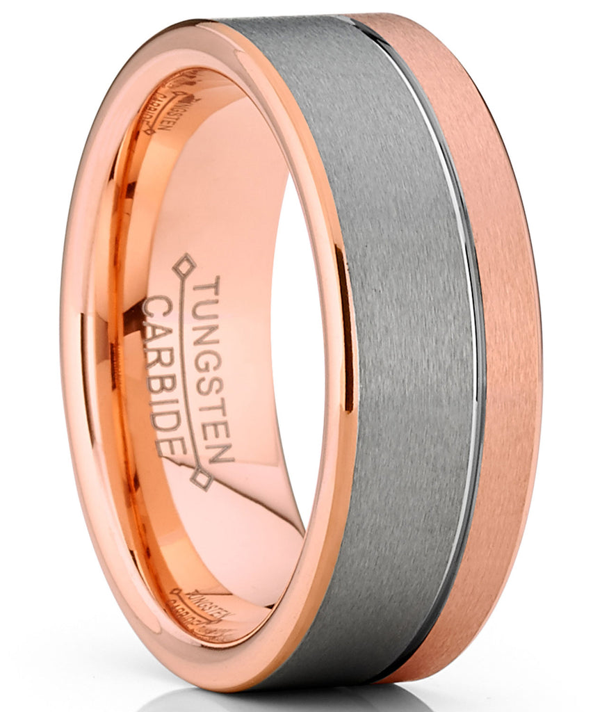 Men's Duo Tungsten Carbide Wedding Band Rose Gold Tone Pipe Cut Ring Comfort Fit 8mm