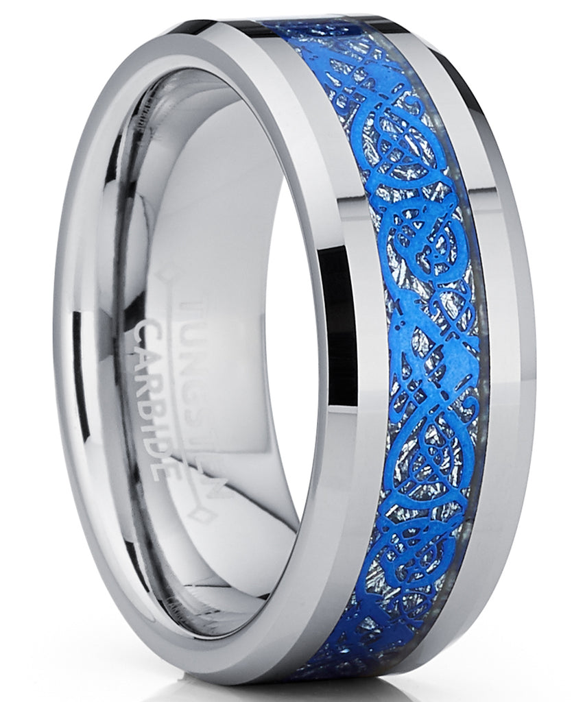 Men's Tungsten Carbide Blue Dragon Ring Wedding Band Comfort Fit 8mm