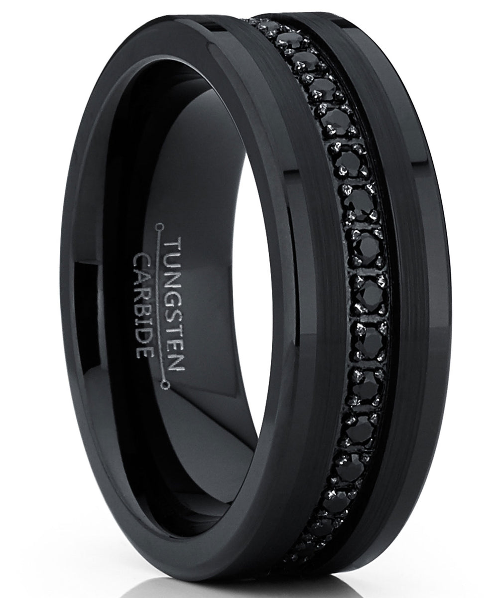 Men's Genuine Tungsten Black Wedding Band Eternity Ring Cubic Zirconia ...