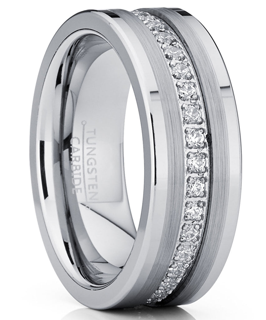Men's Tungsten Wedding Band Eternity Ring Cubic Zirconia Silver 8MM