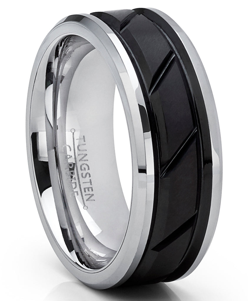 Tungsten Carbide Men's Black Diagonal Grooved Wedding Band Engagement Ring, Comfort Fit