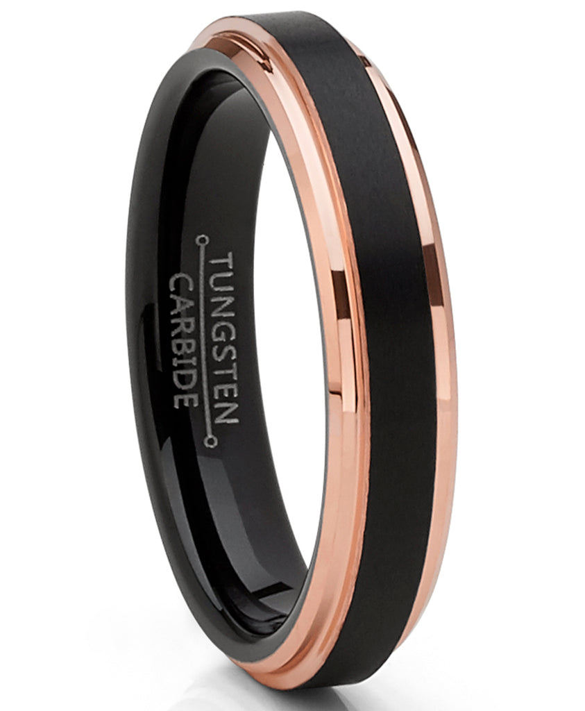 Men's Tungsten Carbide Black Brushed Wedding Band Rose Goldtone Ring Comfort Fit 4mm