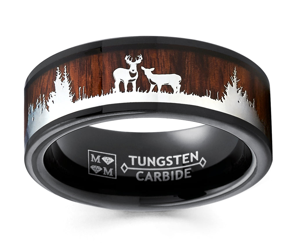Men's Black Tungsten Hunting Ring Wedding Band Wood Deer Nature 8MM