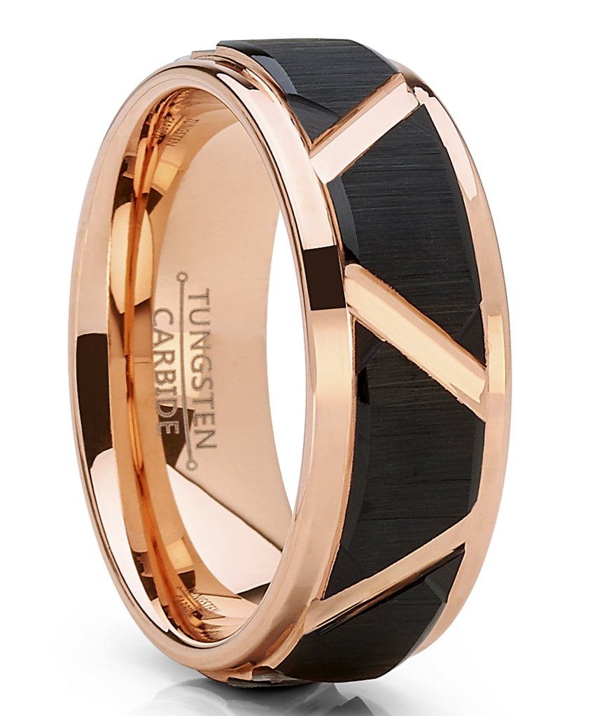 Men's Tungsten Carbide Wedding Ring 8mm Black and Rose Goldtone Faceted Band