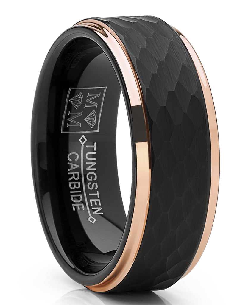 Men's Tungsten Carbide Wedding Ring Black and Rose Goldtone Hammered Band
