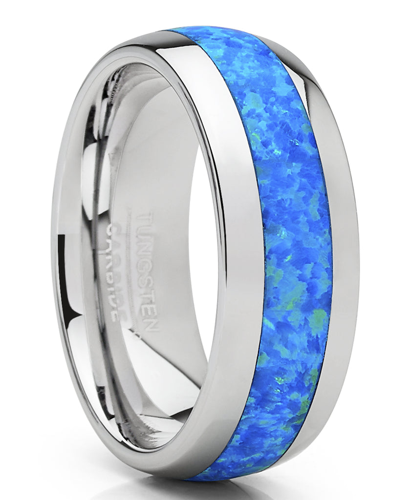 Men's Tungsten Carbide Wedding Band Dome Ring with Blue Green Simulated Opal Inlay 8mm