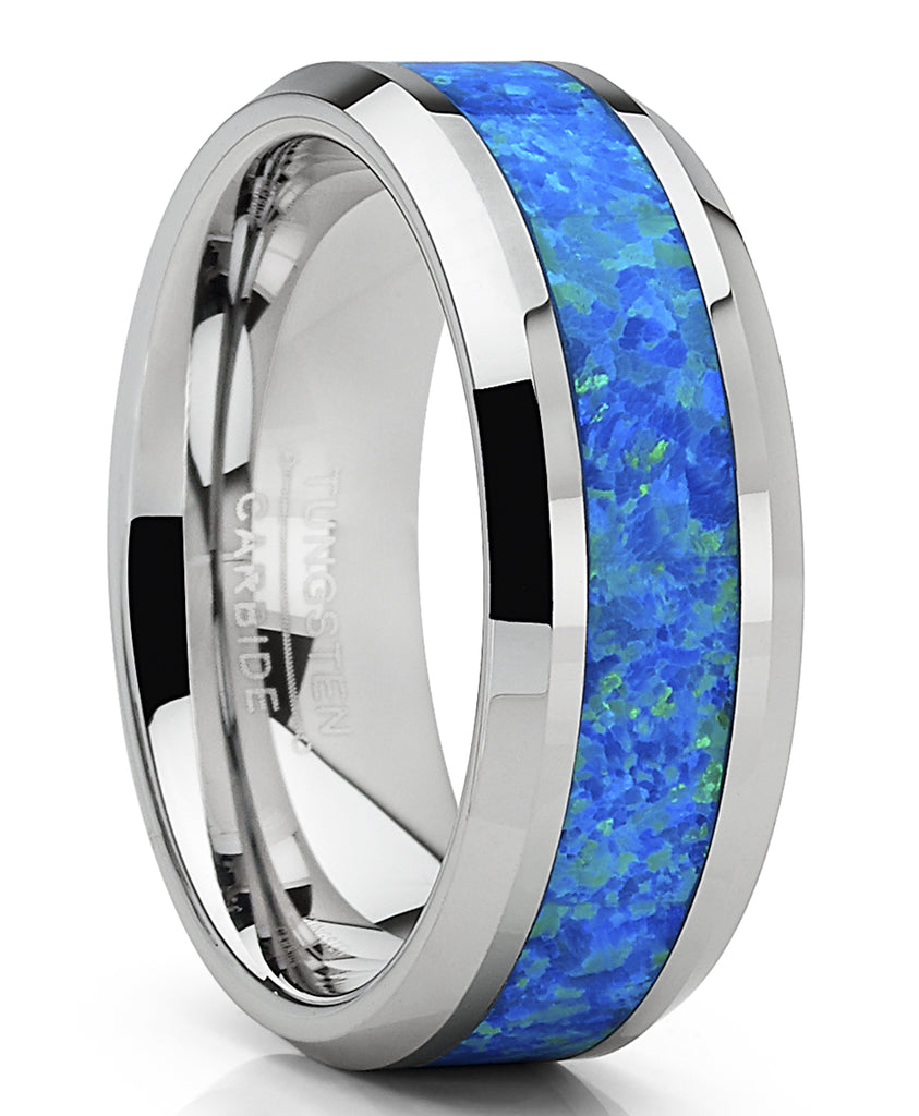 Men's Tungsten Carbide Wedding Band Ring with Blue Green Simulated