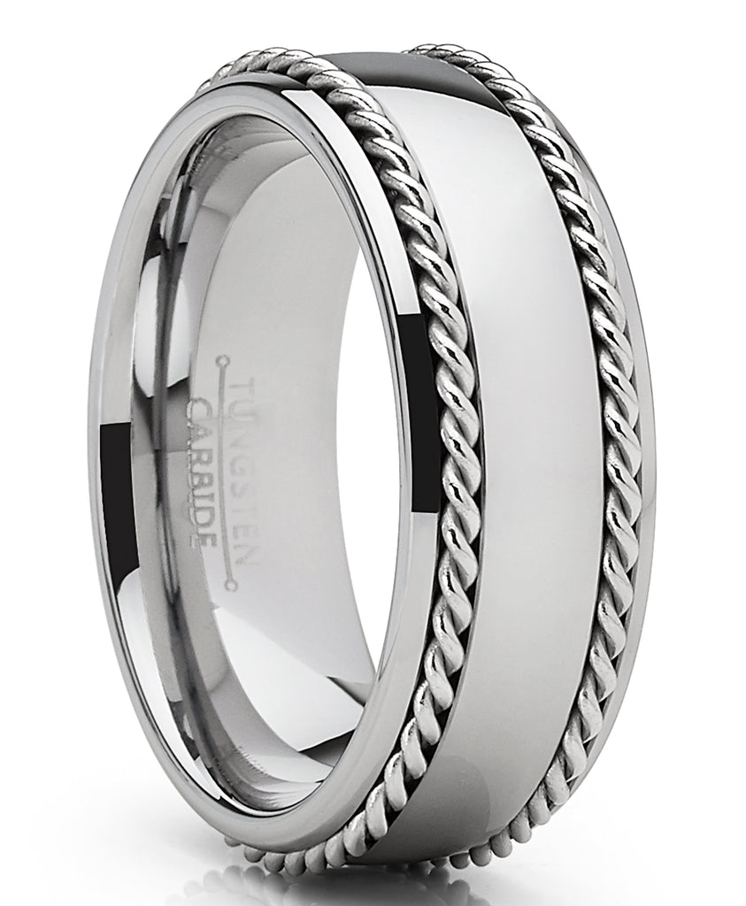 Tungsten Carbide Wedding Band Men's Ring with Braided Stainless Steel Cable Inlay