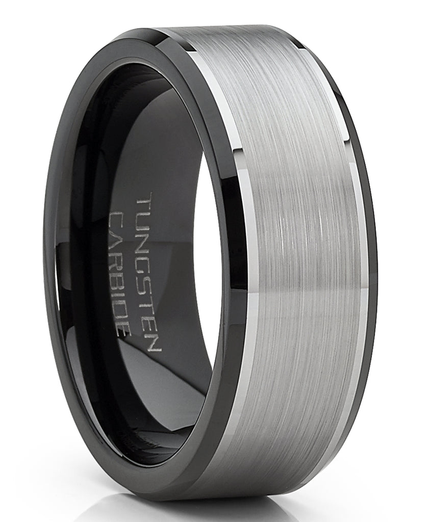 Men's Tungsten Carbide Wedding Band Flat Top Brushed Two Tone Black Ring 8mm