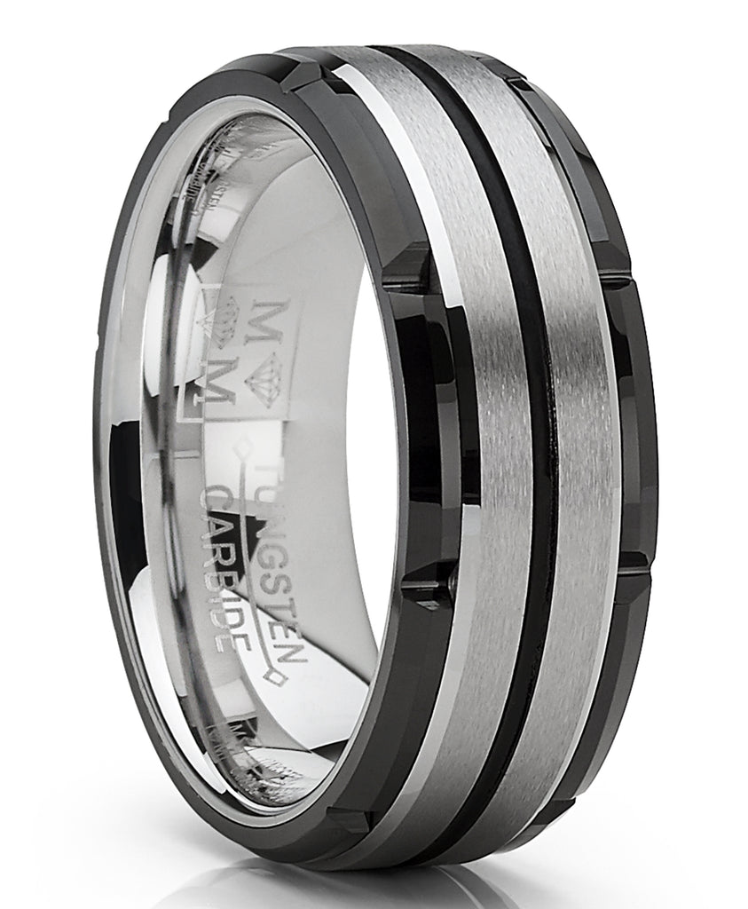 Men's Tungsten Carbide Wedding Band Flat Top Brushed Two Tone Black Ring 8mm