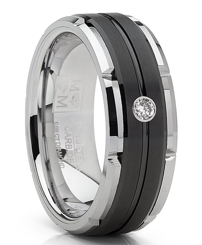 Men's Tungsten Carbide Wedding Band Real Diamond .05 Two Tone Black Ring 8mm