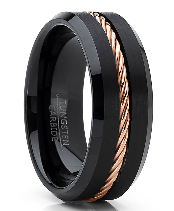 Men's Black Tungsten Carbide Wedding Band Ring Rose Gold Tone Steel Cable Inlay