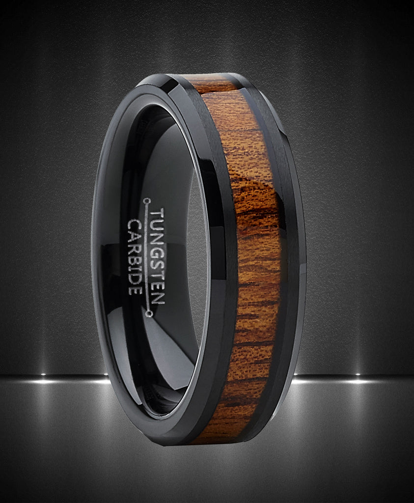 Wood Rings, Koa Wood Wedding Bands, 2 Piece Set Black Tungsten