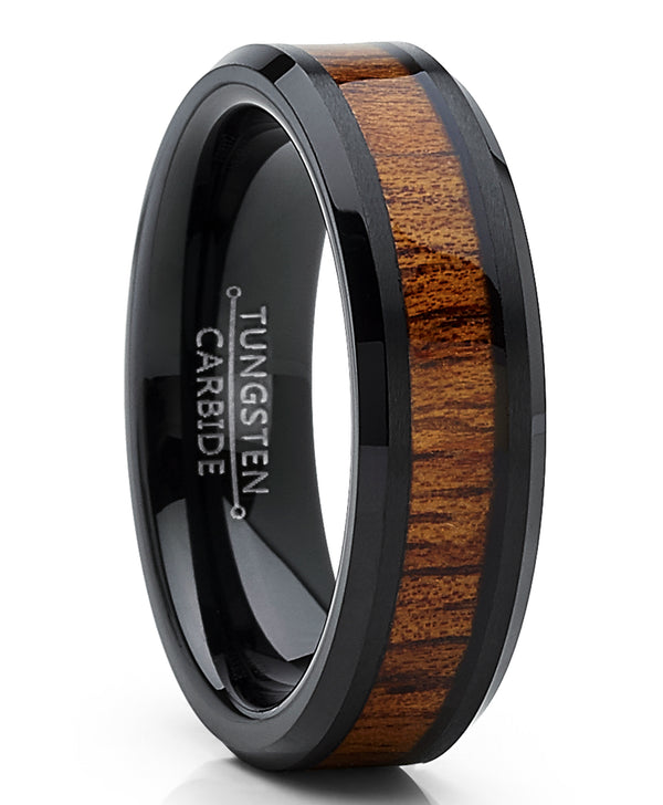 Authentic Koa Wood Tungsten Wedding Band Ring Brown Black 6MM