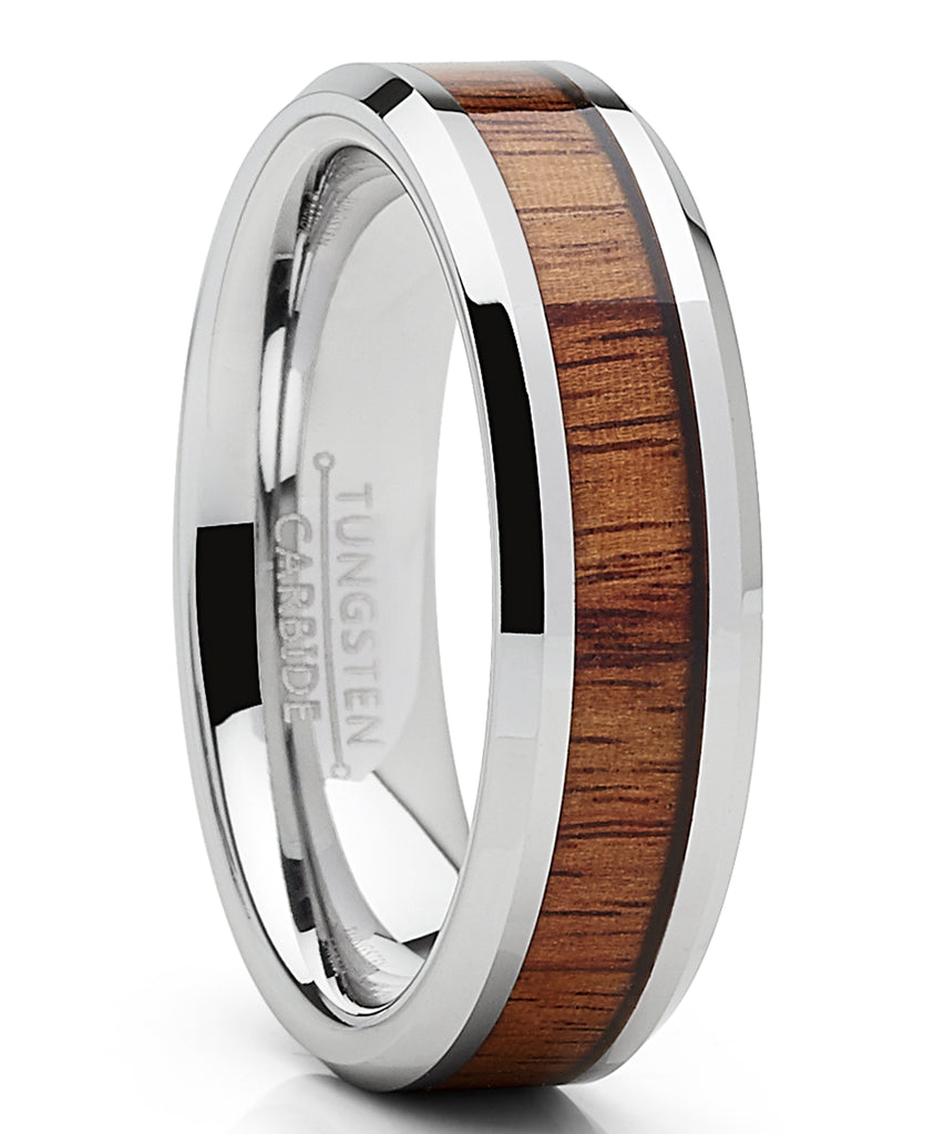 Tungsten Carbide Wedding Band Ring, Real Koa Wood Inlay Men's 6mm