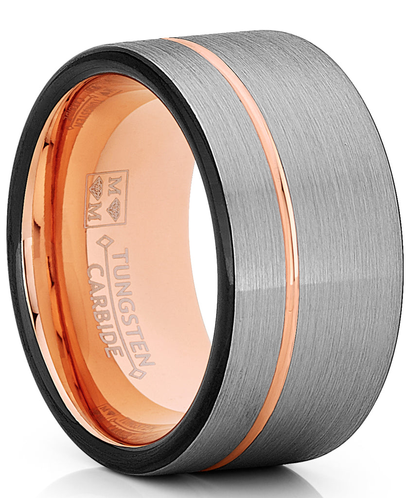 Tungsten Wedding Band Ring 12mm for Men Black & Rose Goldtone Pipe Cut