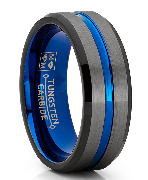 Tungsten Wedding Band Grooved Ring 8mm for Men's Blue Black Gunmetal