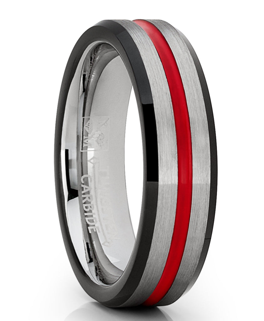 Tungsten Wedding Band Grooved Ring 6mm for Men's Black and Red