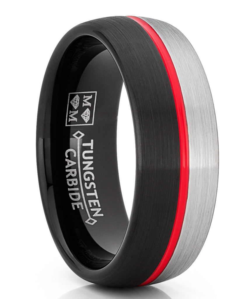 Tungsten Wedding Band Grooved Dome Ring 8mm Men's Black and Red