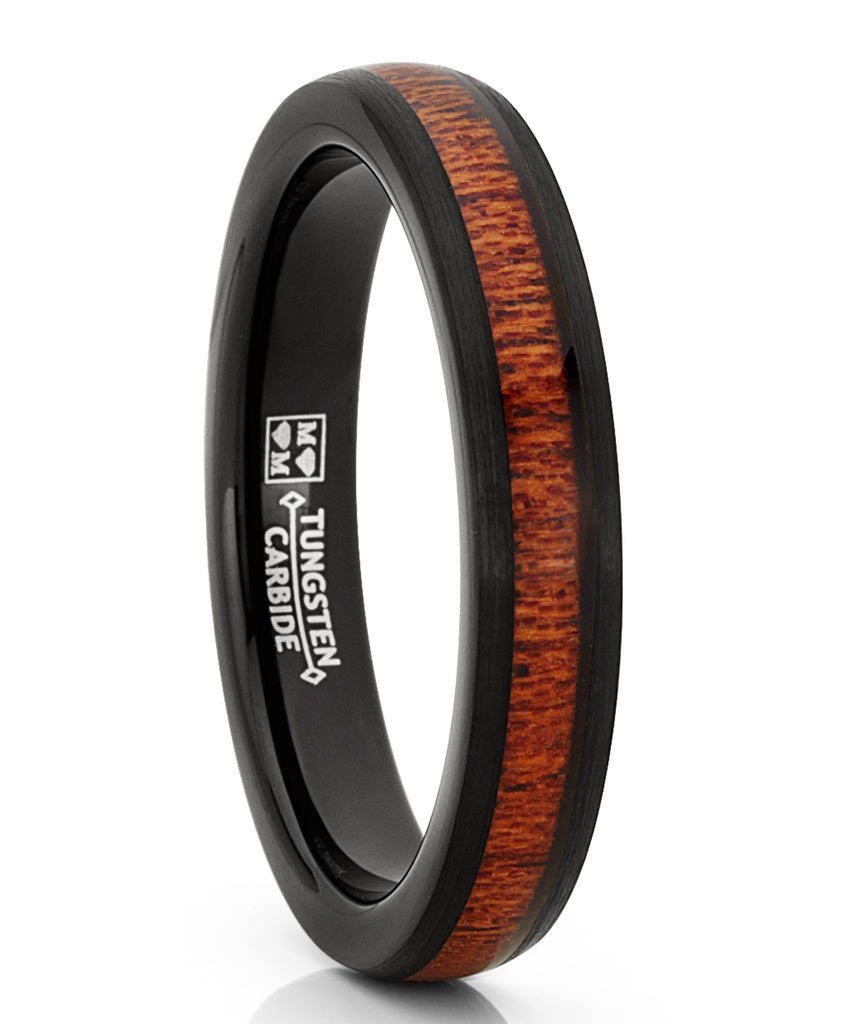 Men's Women's Black Tungsten Wedding Band Engagement Ring, Real Wood 4mm
