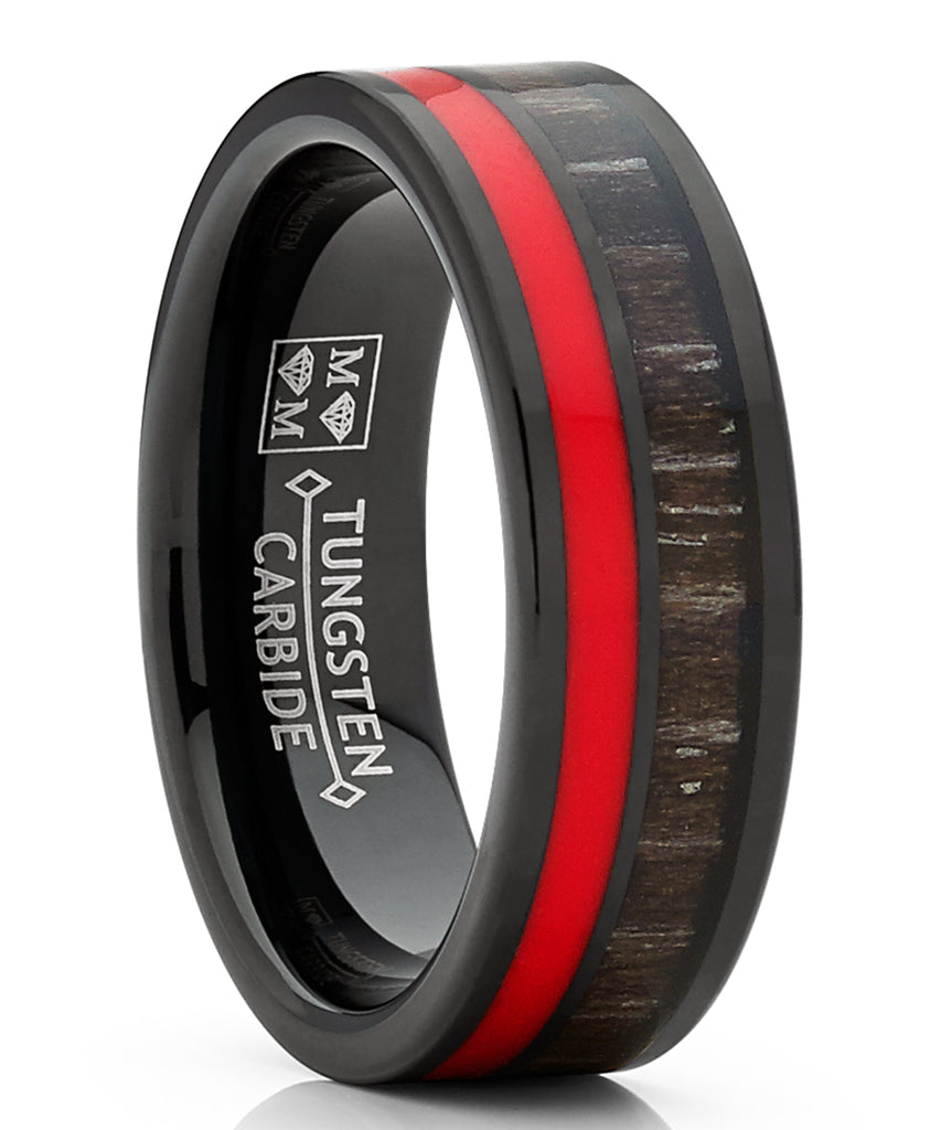Men's Black Tungsten Wedding Band Ring Dark Zebra Wood with Red Line 7 mm Unisex Comfort Fit