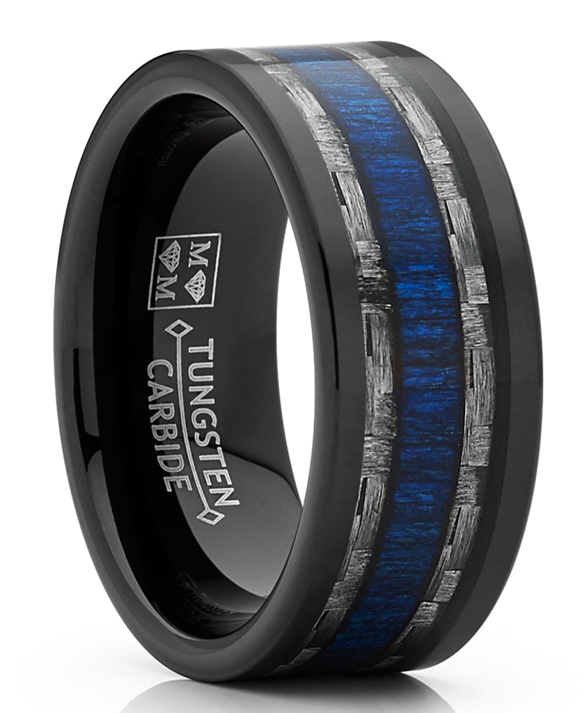Mens Tungsten Wedding Band Ring Carbon Fiber Blue Wood Inlay 9MM Comfort-Fit