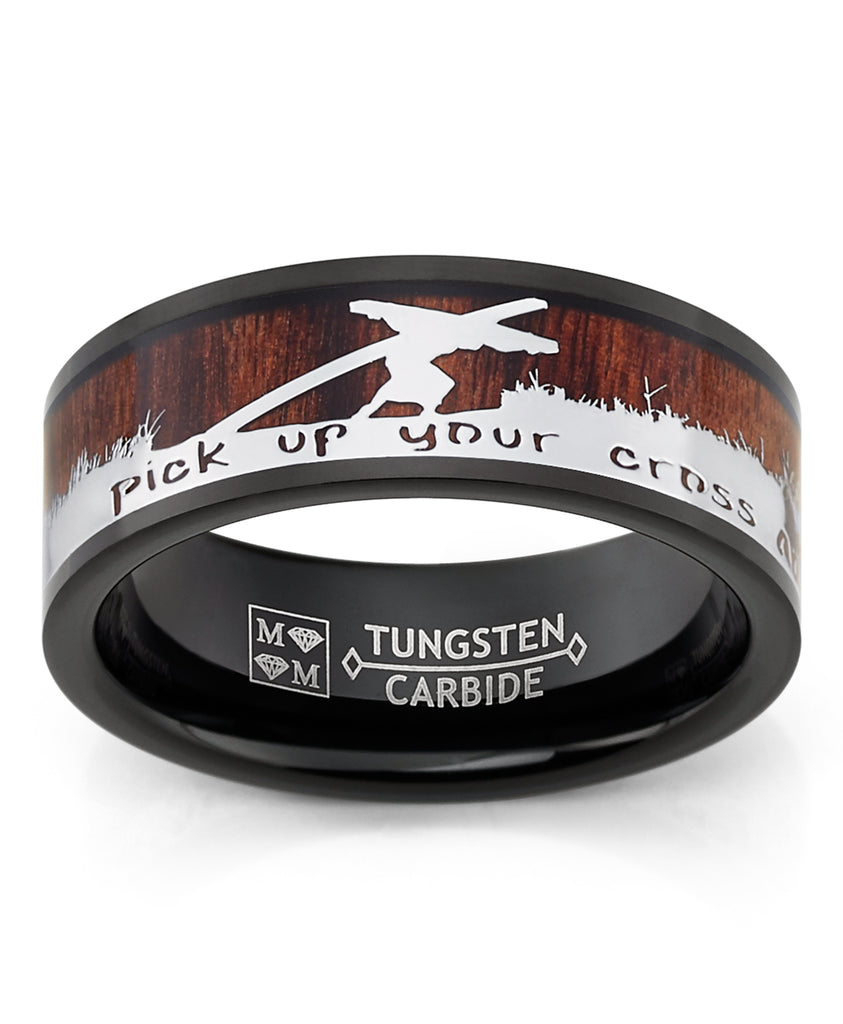 Men's Christian Tungsten Ring Jesus Carrying Cross Bible Verse Wood Inlay 8MM