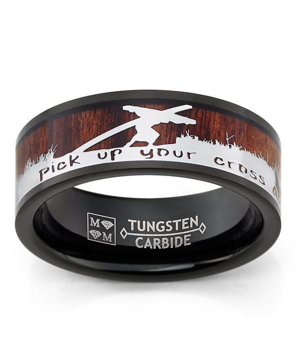 Men's Christian Tungsten Ring Jesus Carrying Cross Bible Verse Wood Inlay 8MM