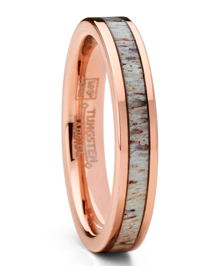 Women's Unisex Rose Gold Tone Tungsten Wedding Engagement Ring Deer Antler Inlay 4mm
