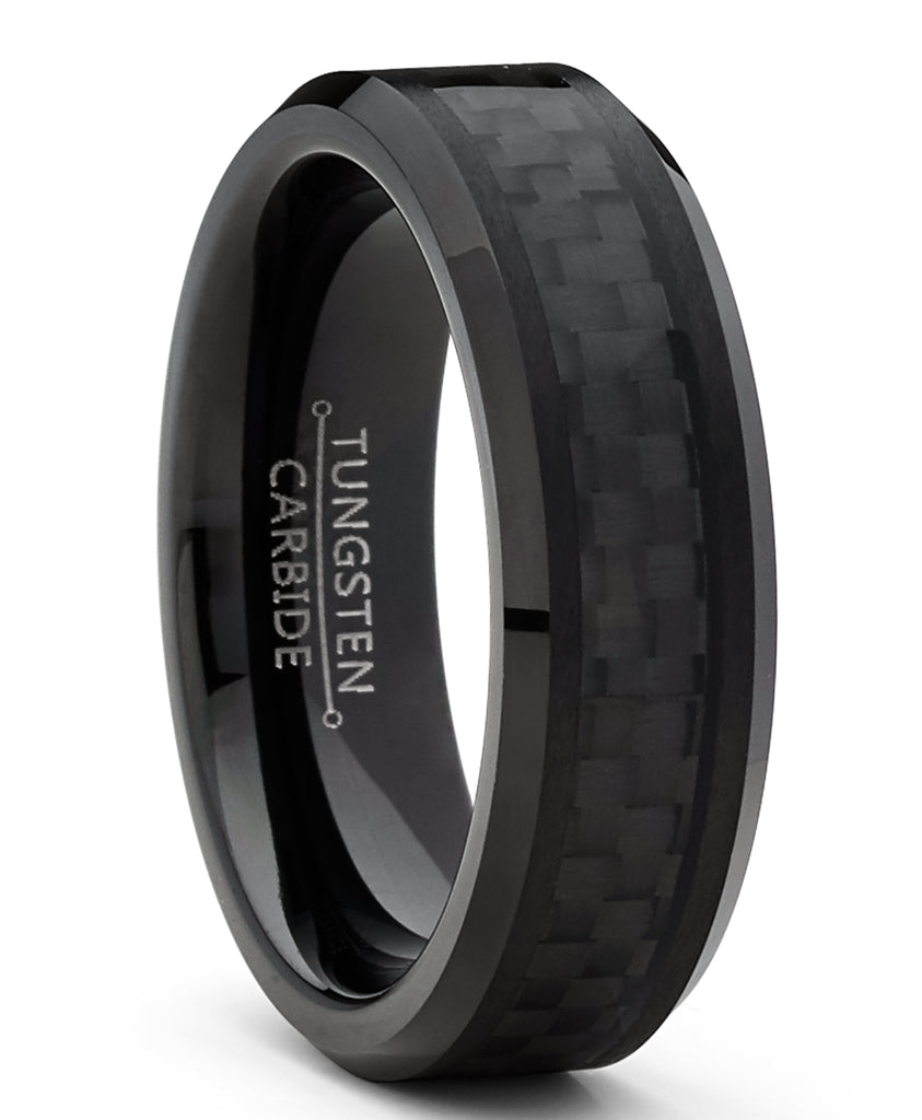 Women's Unisex Black Tungsten Carbide Wedding Engagement Ring Black Carbon Fiber Inlay 6MM