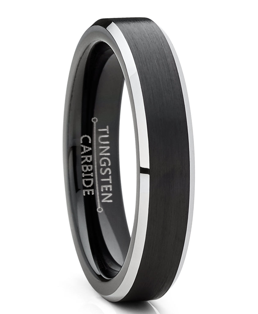 Men Women Wedding Black Tungsten Ring 4mm Matte Finish Beveled Polished Edge Comfort Fit