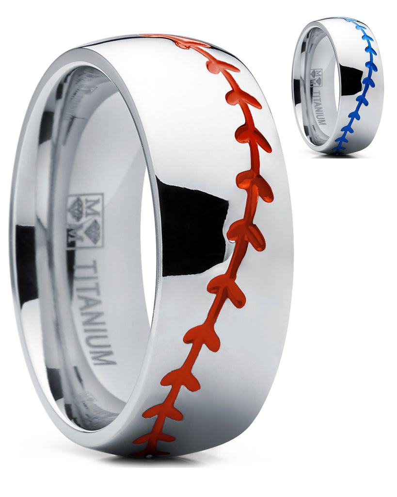 Men's Baseball Titanium Ring Red Stitching Dome Comfort-Fit 8MM