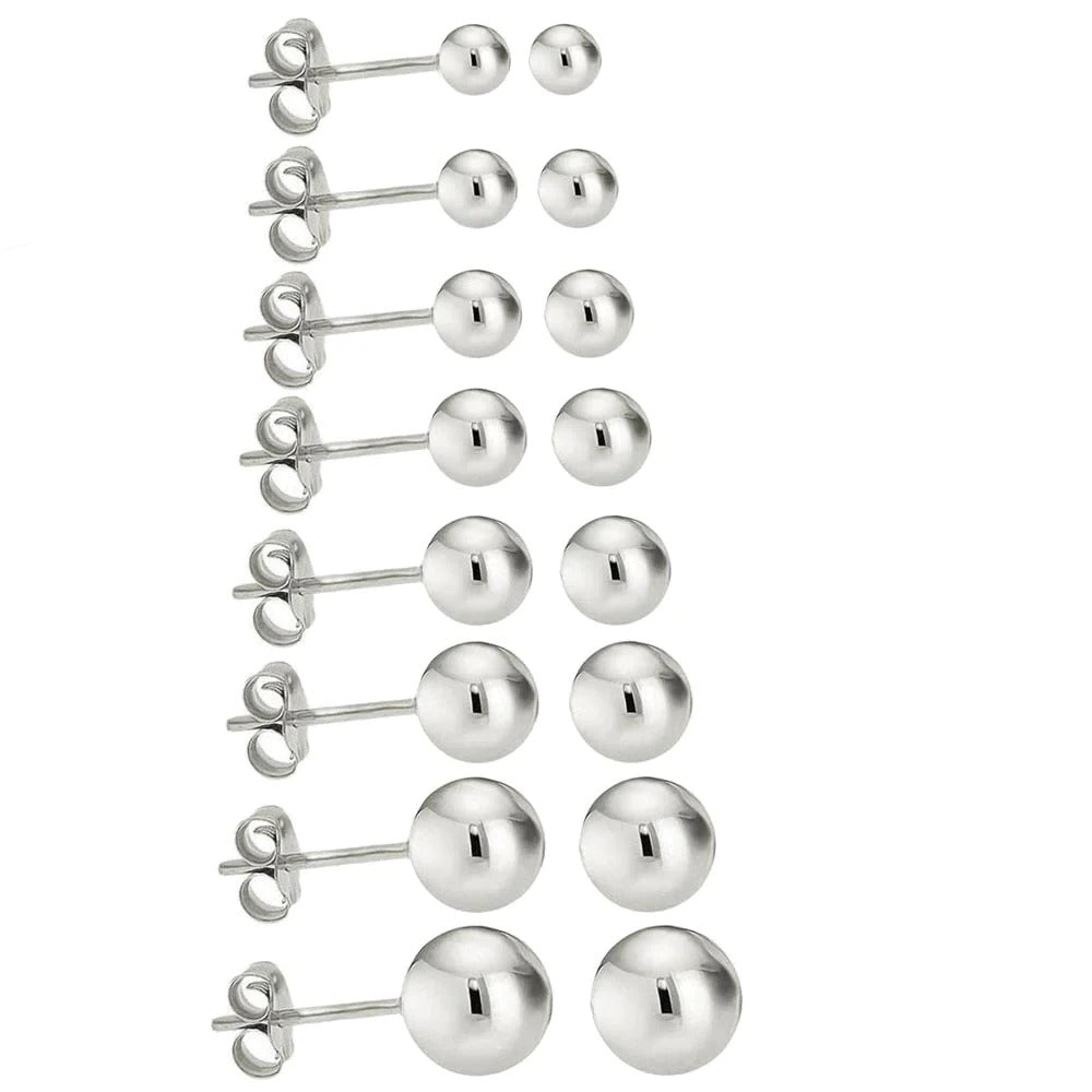 14K Solid White Gold Round Ball Stud Earrings Pushback