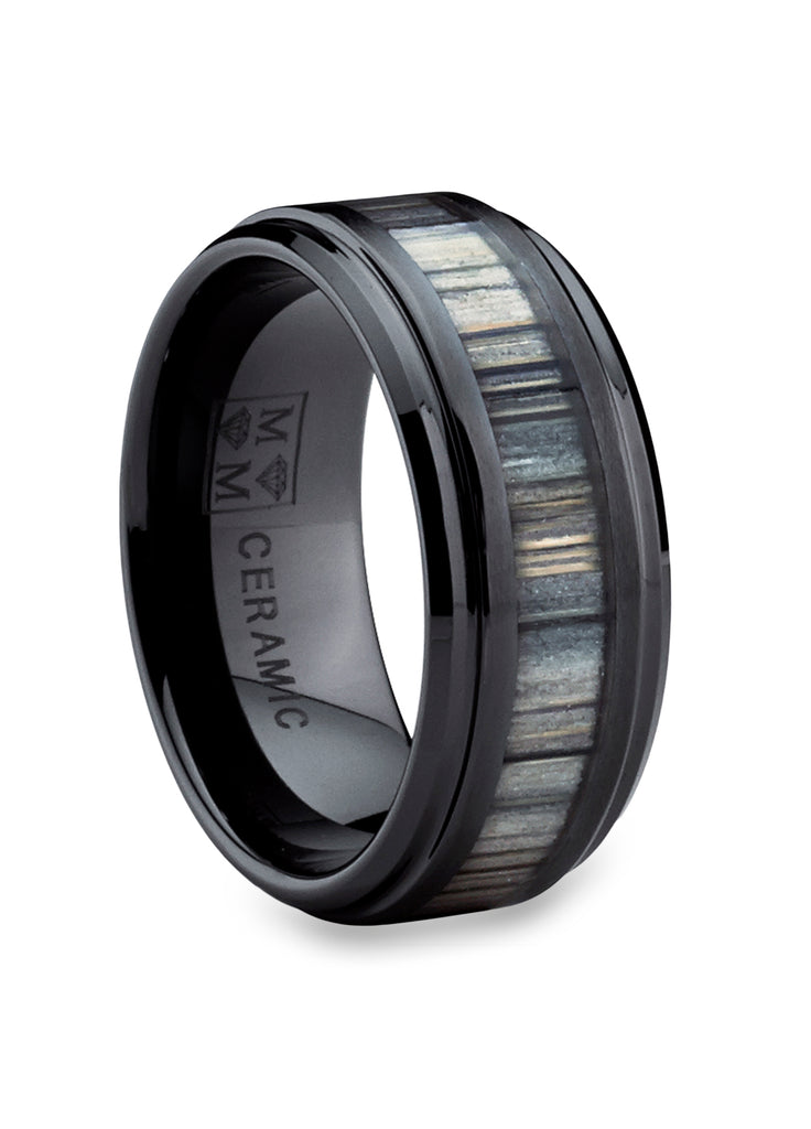 Men's Black Ceramic Wedding Band Ring with Real Zebra Wood Inlay, 9MM Comfort Fit