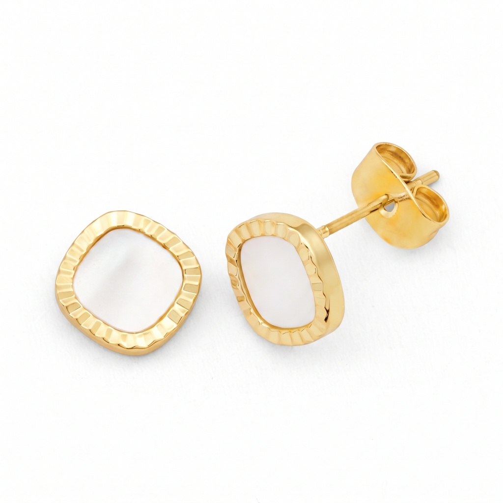 Metal Masters 14K Gold Plated Fluted Bezel Mother of Pearl Stud Earrings for Women 8MM