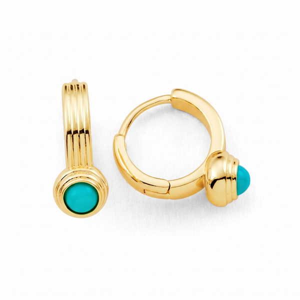 Metal Masters 14K Gold Plated Ribbed Turquoise Huggie Hoop Evil Eye Earrings for Women 6MM